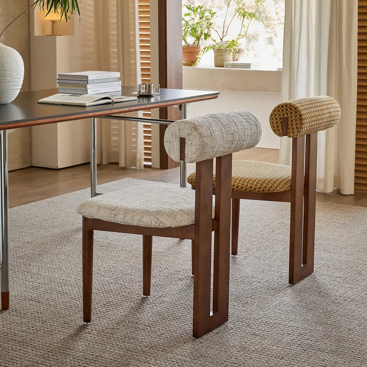 Rustic Upholstered Open Back Dining Chair with Wooden Frame Image - 6