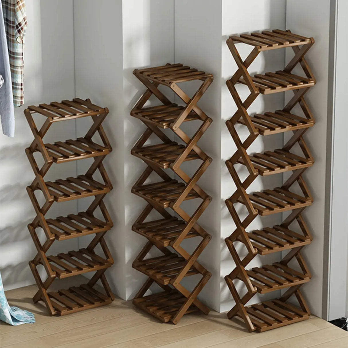 Rustic Vertical Bamboo Corner Brown Multi-Tier Shoe Rack Image - 1