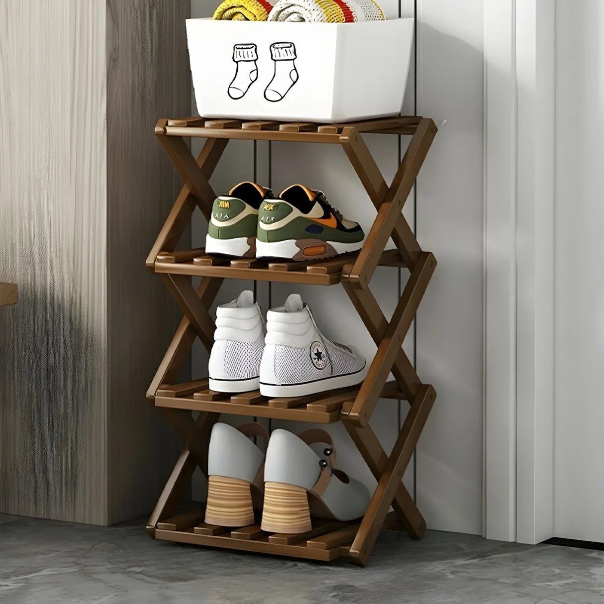 Rustic Vertical Bamboo Corner Brown Multi-Tier Shoe Rack Image - 11