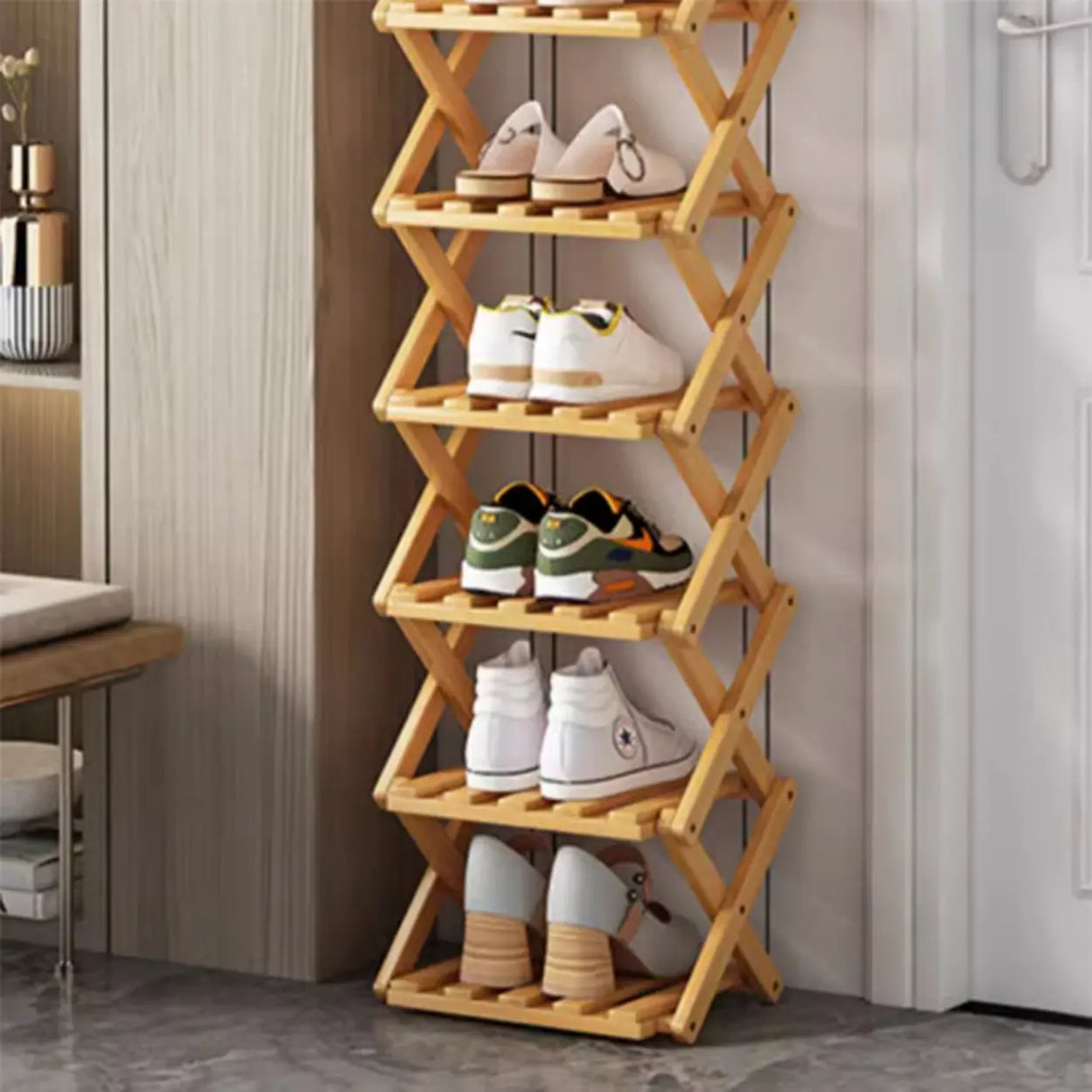 Rustic Vertical Bamboo Corner Brown Multi-Tier Shoe Rack Image - 13