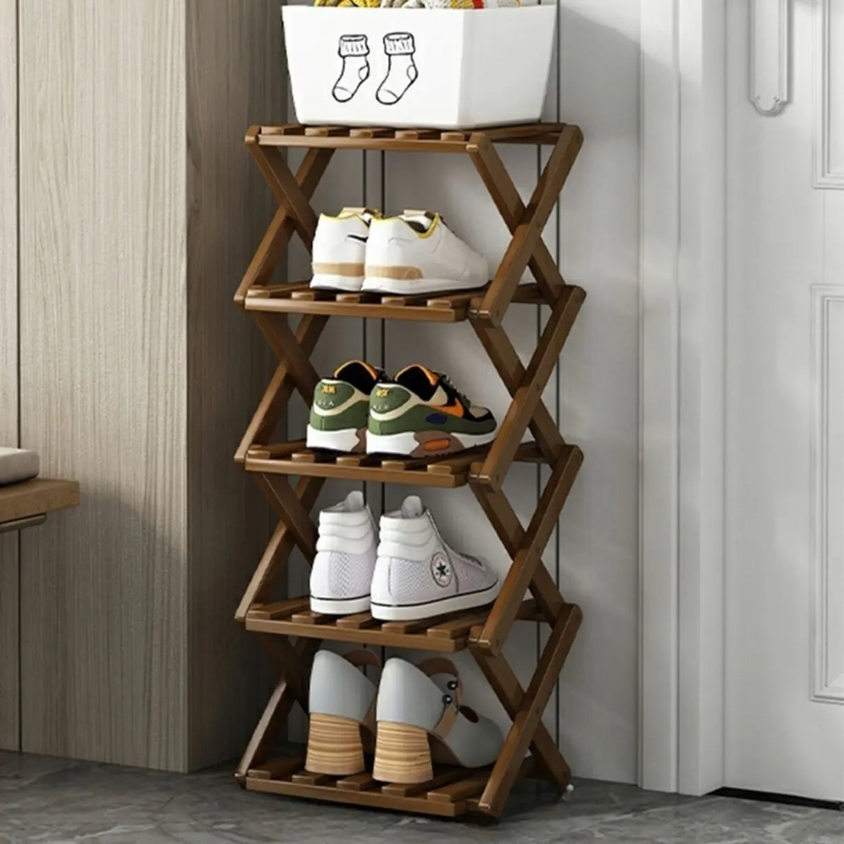Rustic Vertical Bamboo Corner Brown Multi-Tier Shoe Rack Image - 14