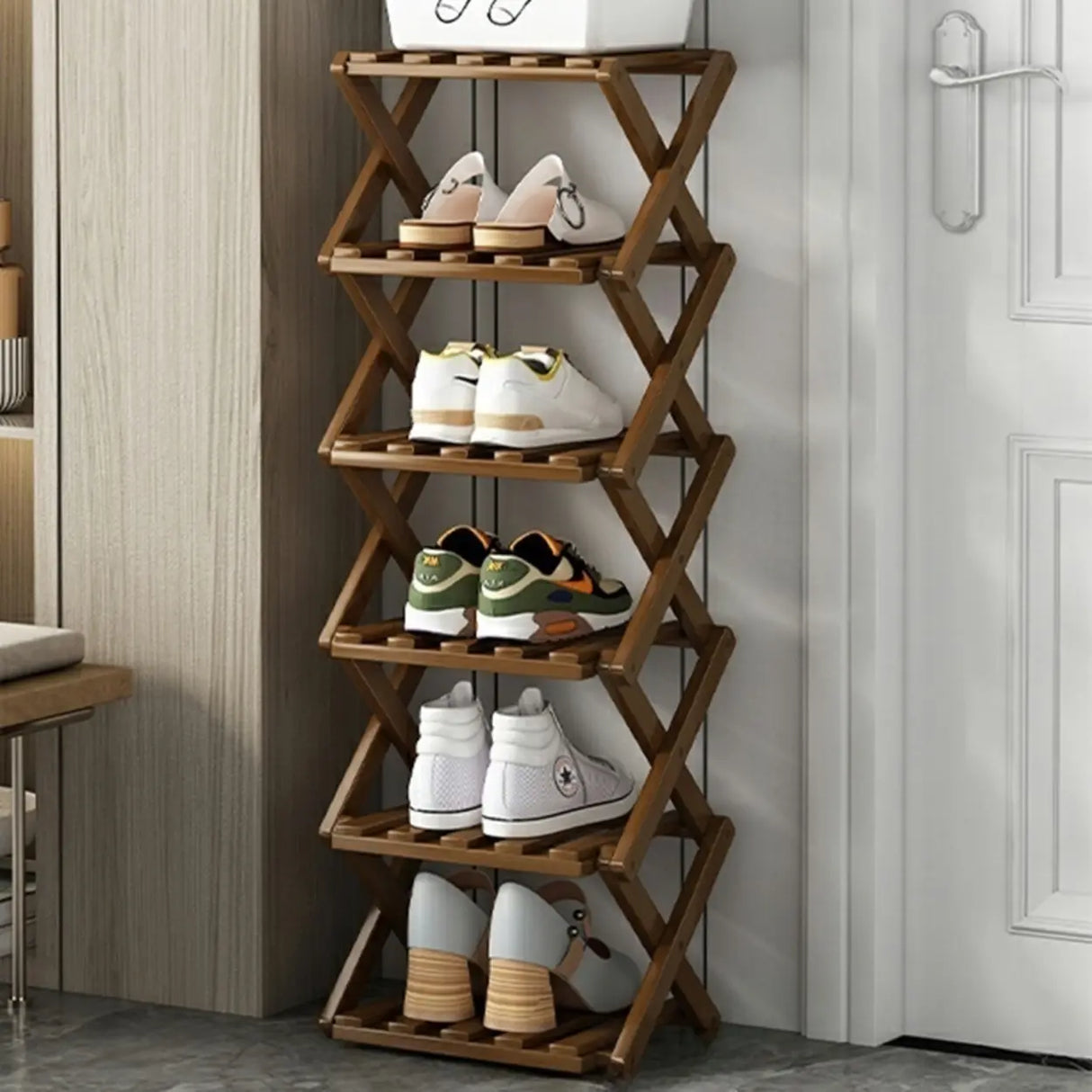 Rustic Vertical Bamboo Corner Brown Multi-Tier Shoe Rack Image - 15