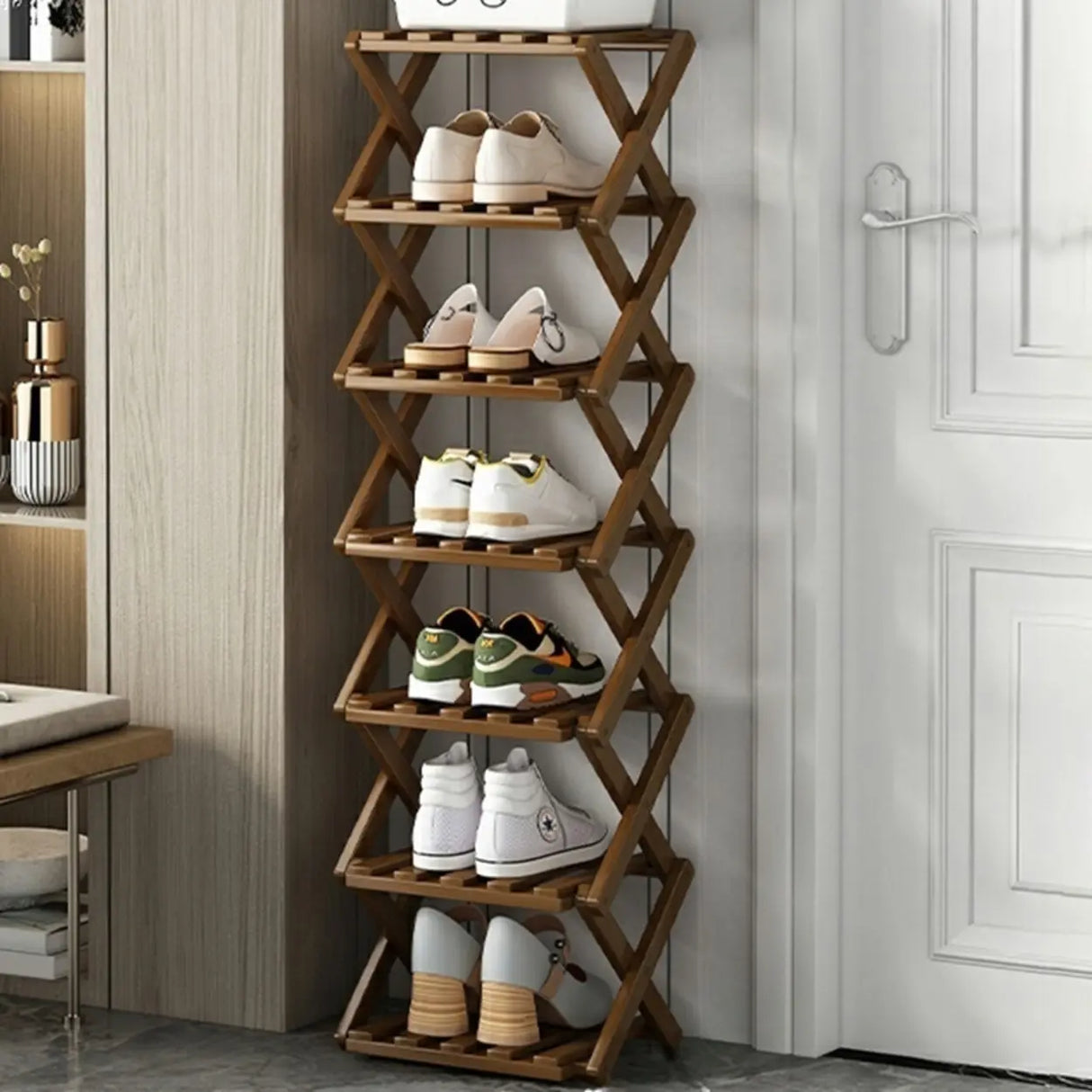 Rustic Vertical Bamboo Corner Brown Multi-Tier Shoe Rack Image - 16