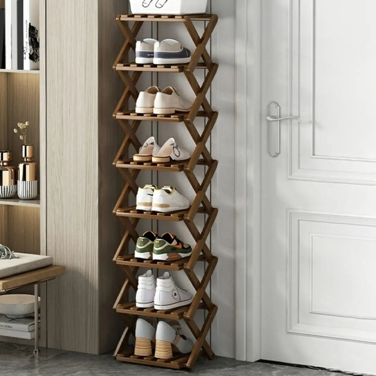 Rustic Vertical Bamboo Corner Brown Multi-Tier Shoe Rack Image - 17