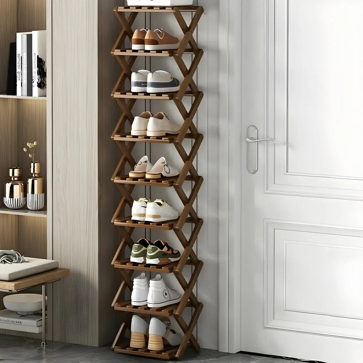 Rustic Vertical Bamboo Corner Brown Multi-Tier Shoe Rack Image - 18