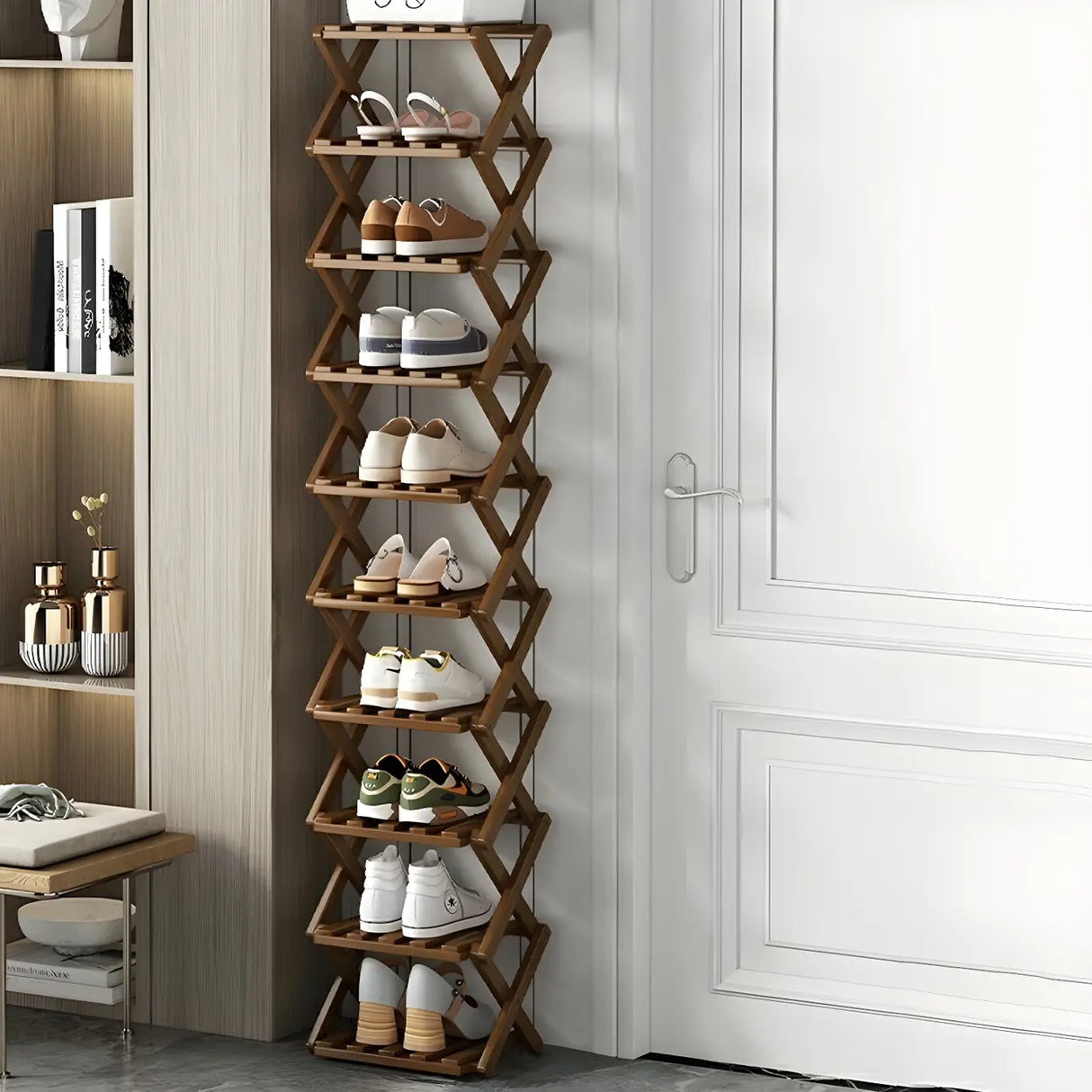 Rustic Vertical Bamboo Corner Brown Multi-Tier Shoe Rack Image - 19