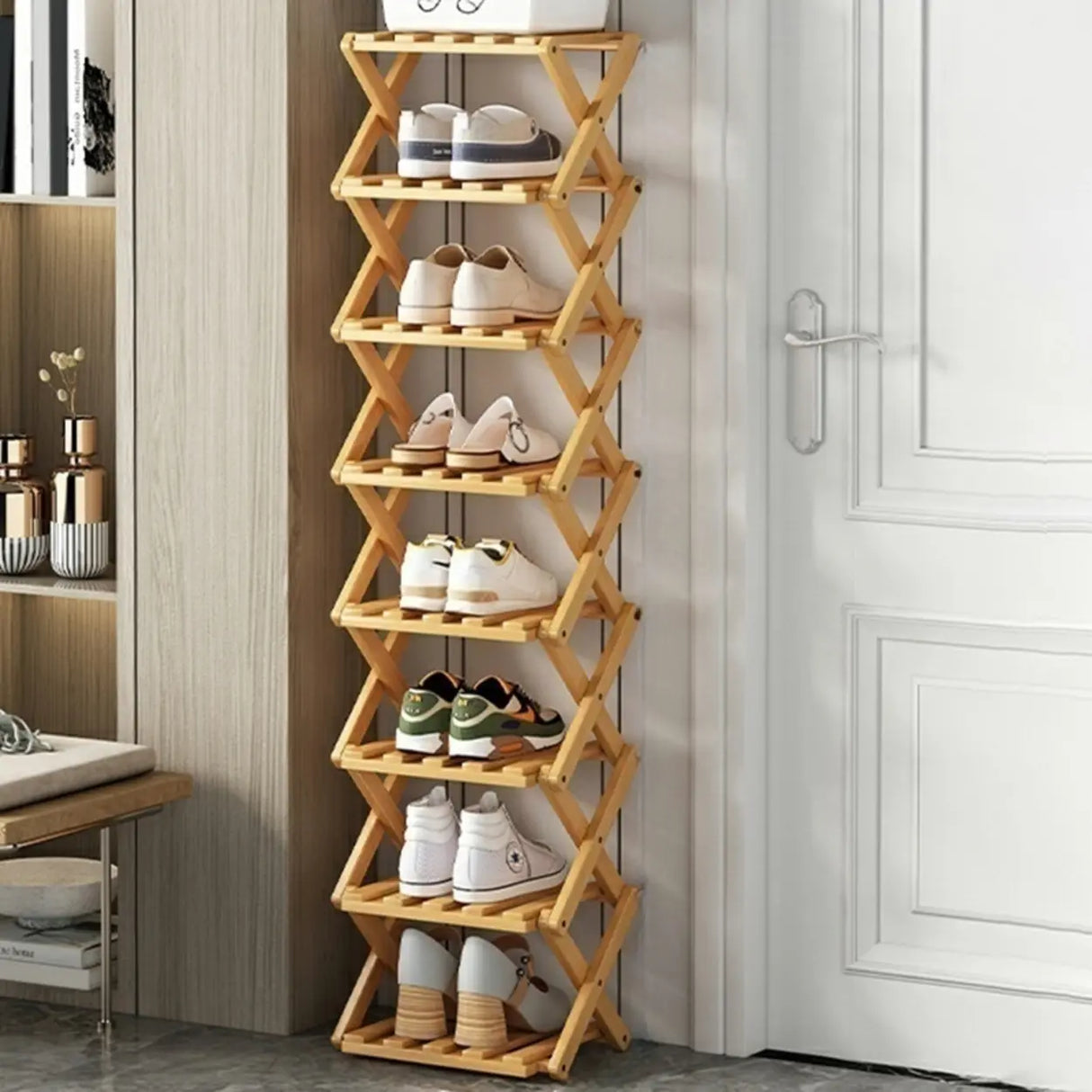 Rustic Vertical Bamboo Corner Brown Multi-Tier Shoe Rack Image - 2