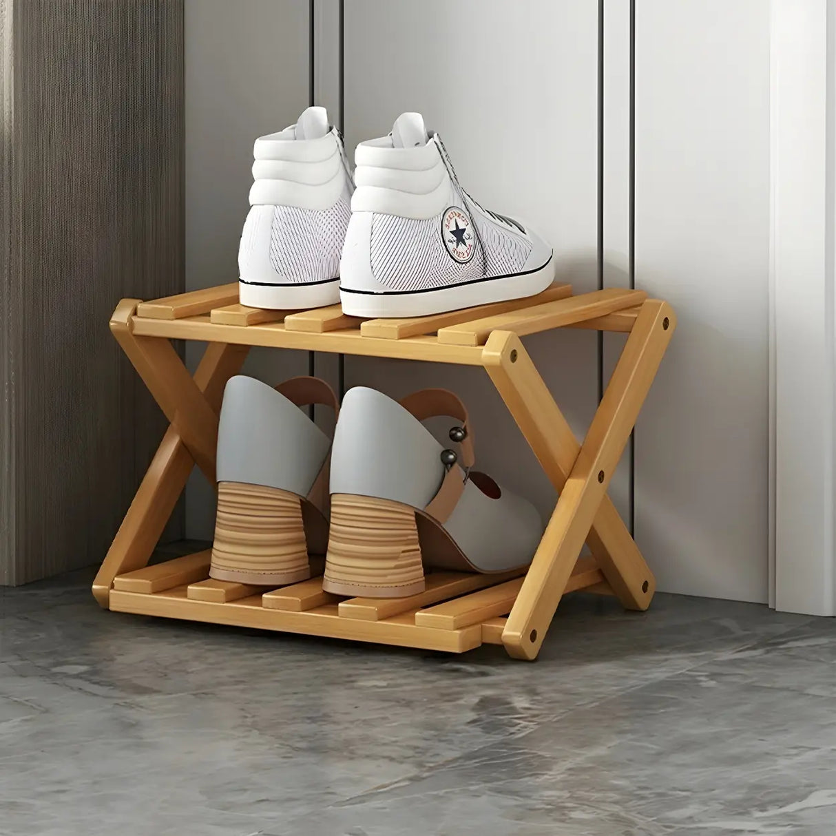 Rustic Vertical Bamboo Corner Brown Multi-Tier Shoe Rack Image - 20