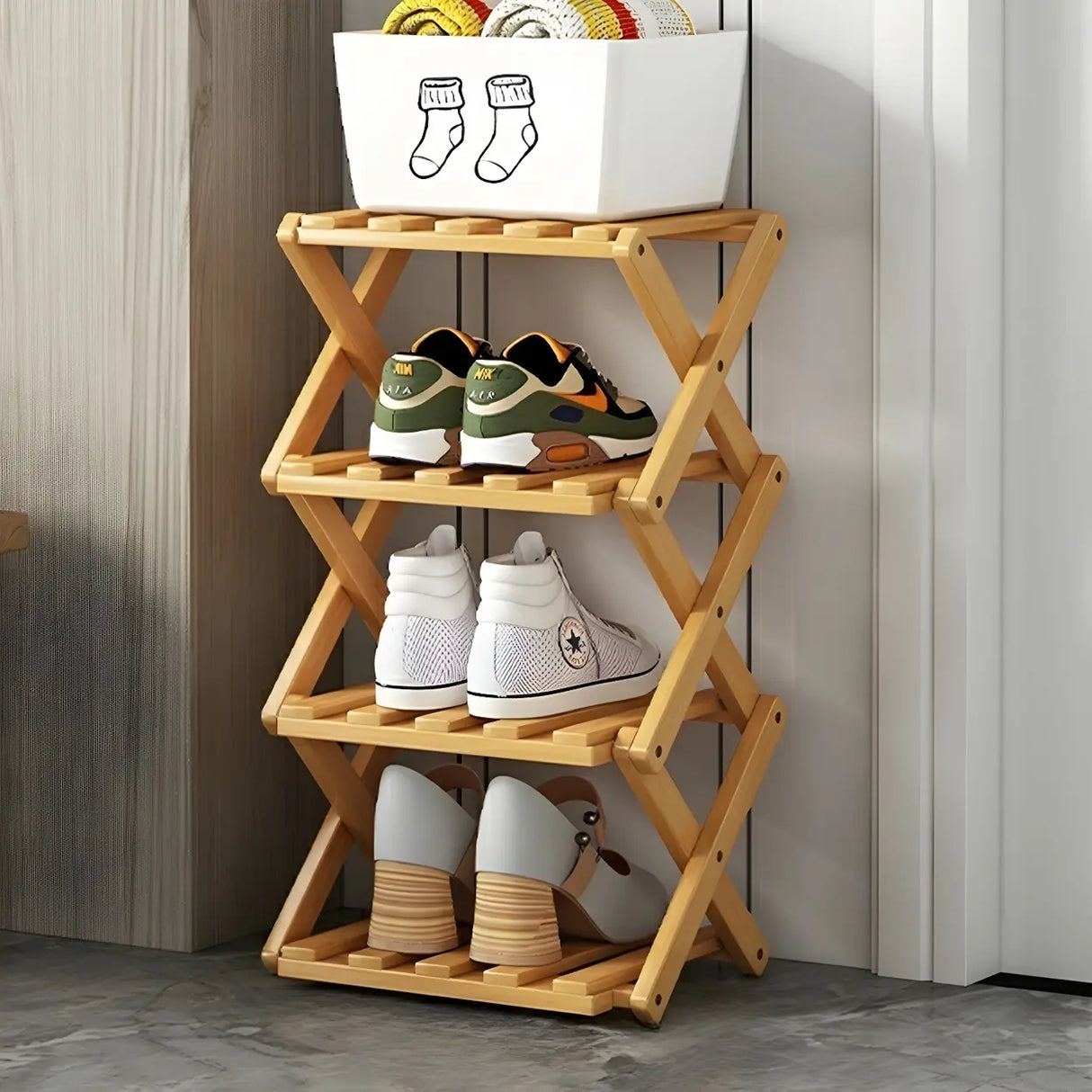 Rustic Vertical Bamboo Corner Brown Multi-Tier Shoe Rack Image - 22