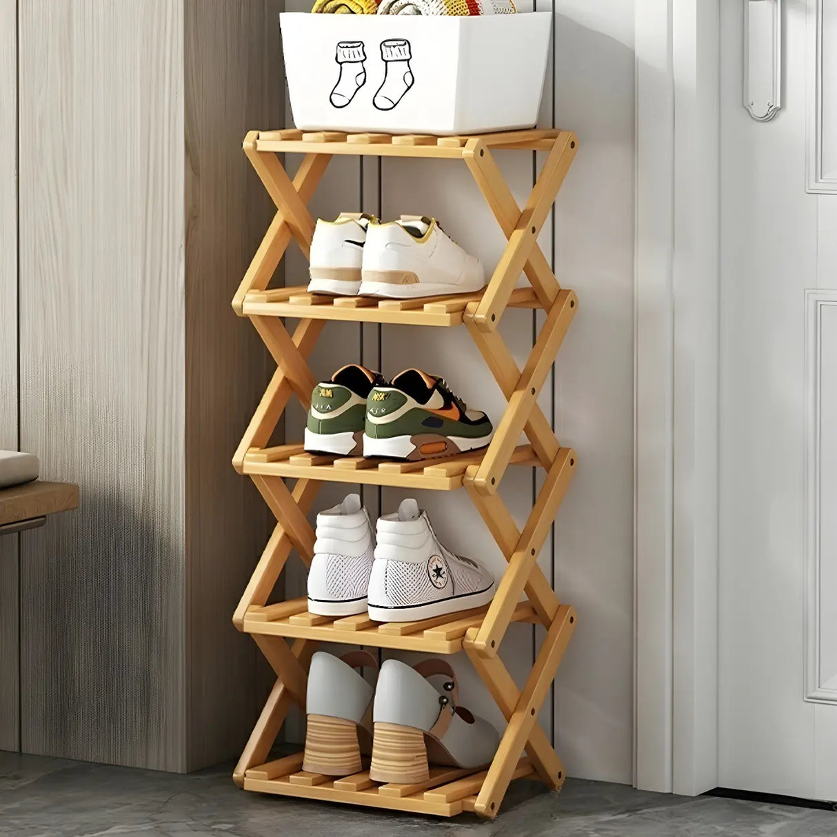 Rustic Vertical Bamboo Corner Brown Multi-Tier Shoe Rack Image - 23