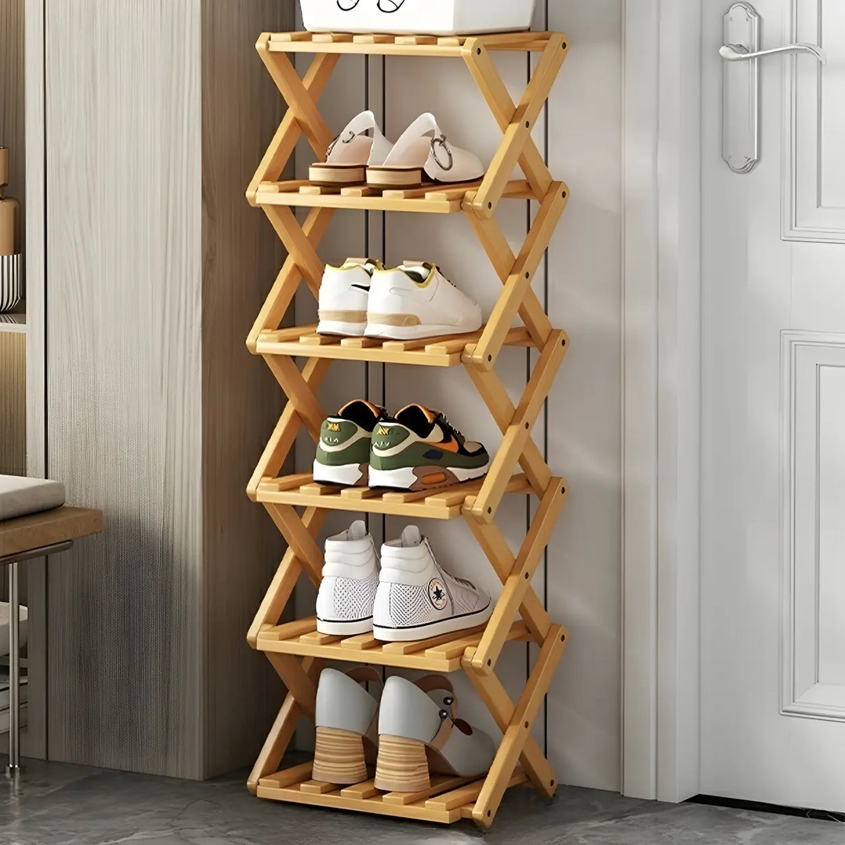 Rustic Vertical Bamboo Corner Brown Multi-Tier Shoe Rack Image - 24