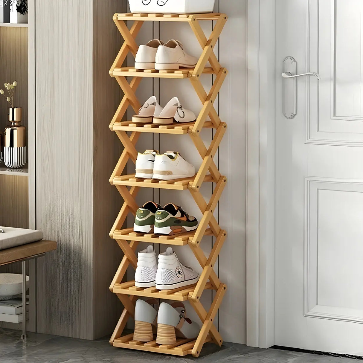 Rustic Vertical Bamboo Corner Brown Multi-Tier Shoe Rack Image - 25