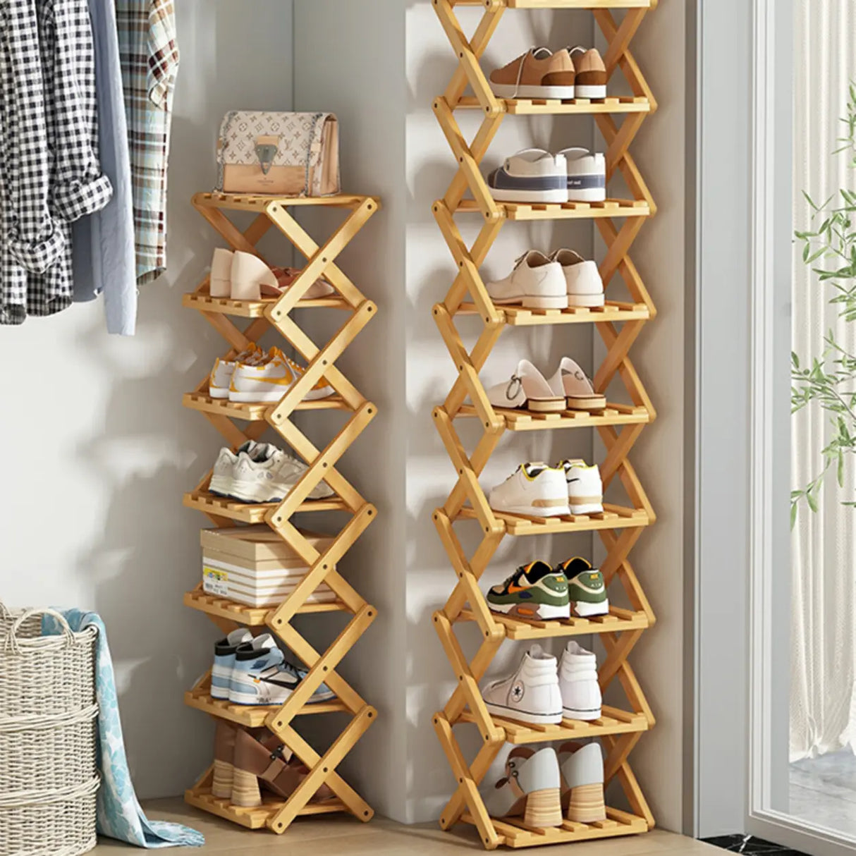 Rustic Vertical Bamboo Corner Brown Multi-Tier Shoe Rack Image - 3