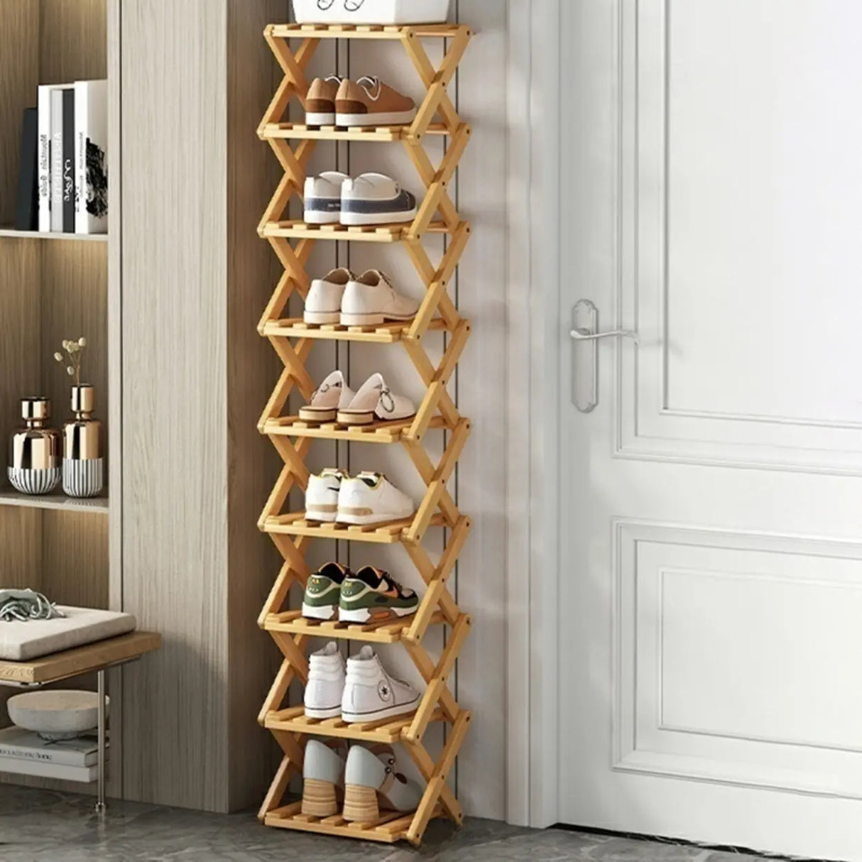 Rustic Vertical Bamboo Corner Brown Multi-Tier Shoe Rack Image - 4