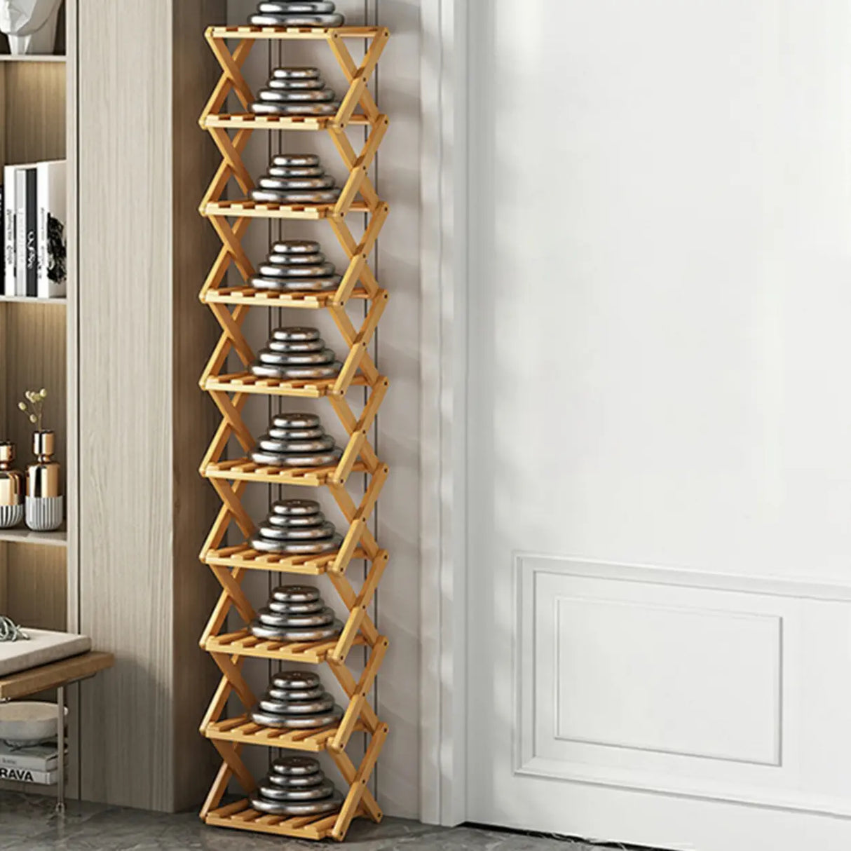 Rustic Vertical Bamboo Corner Brown Multi-Tier Shoe Rack Image - 5