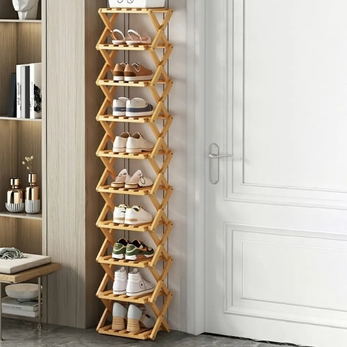 Rustic Vertical Bamboo Corner Brown Multi-Tier Shoe Rack Image - 6