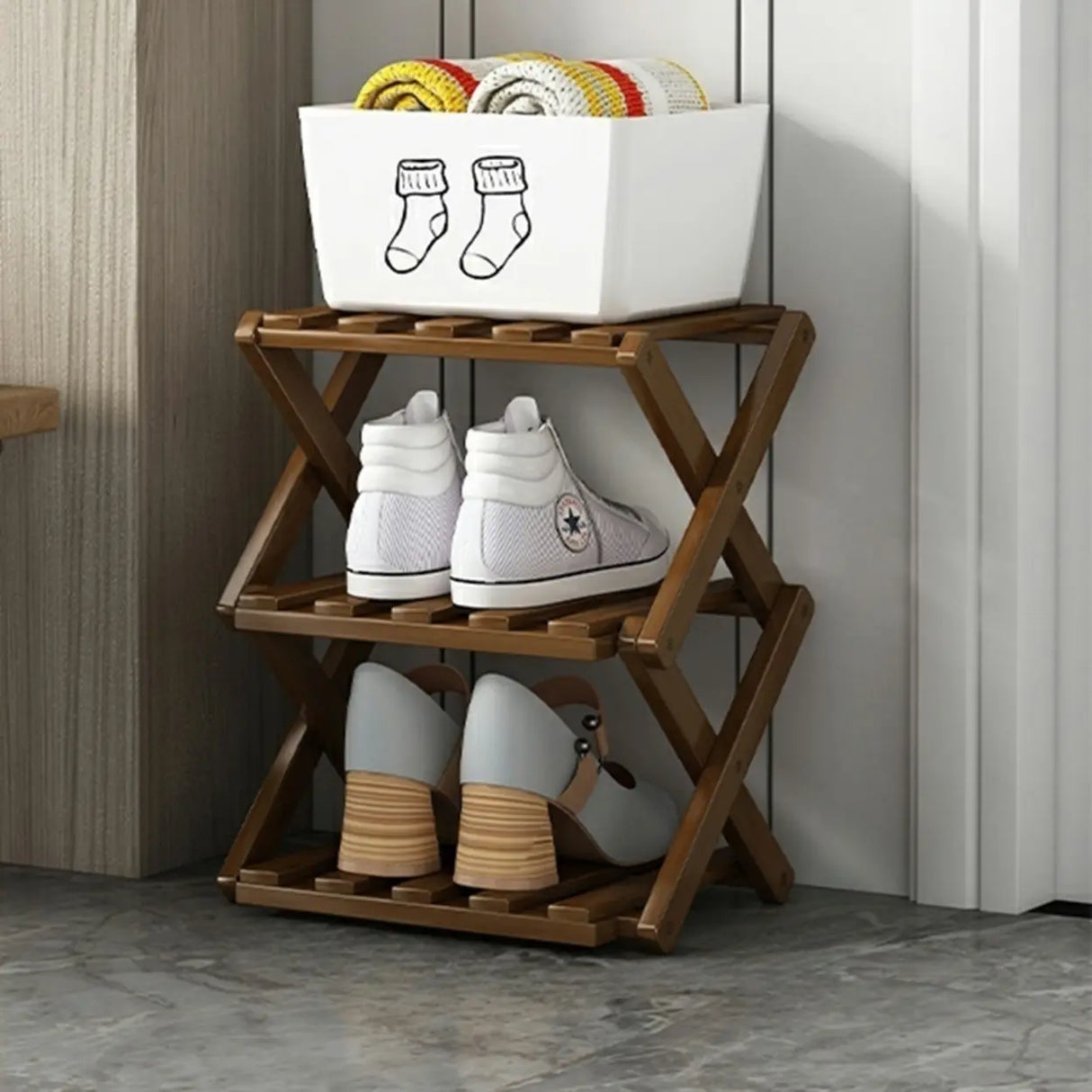 Rustic Vertical Bamboo Corner Brown Multi-Tier Shoe Rack Image - 9