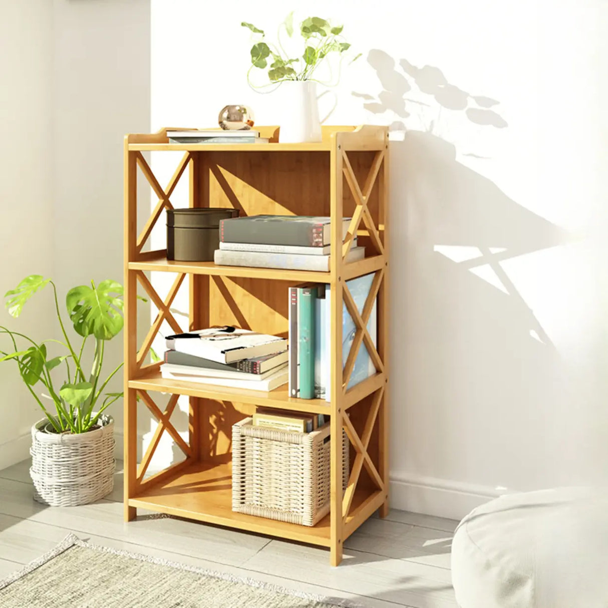 Rustic Vertical Bamboo Rectangle Rack Wood Bookshelf Image - 11