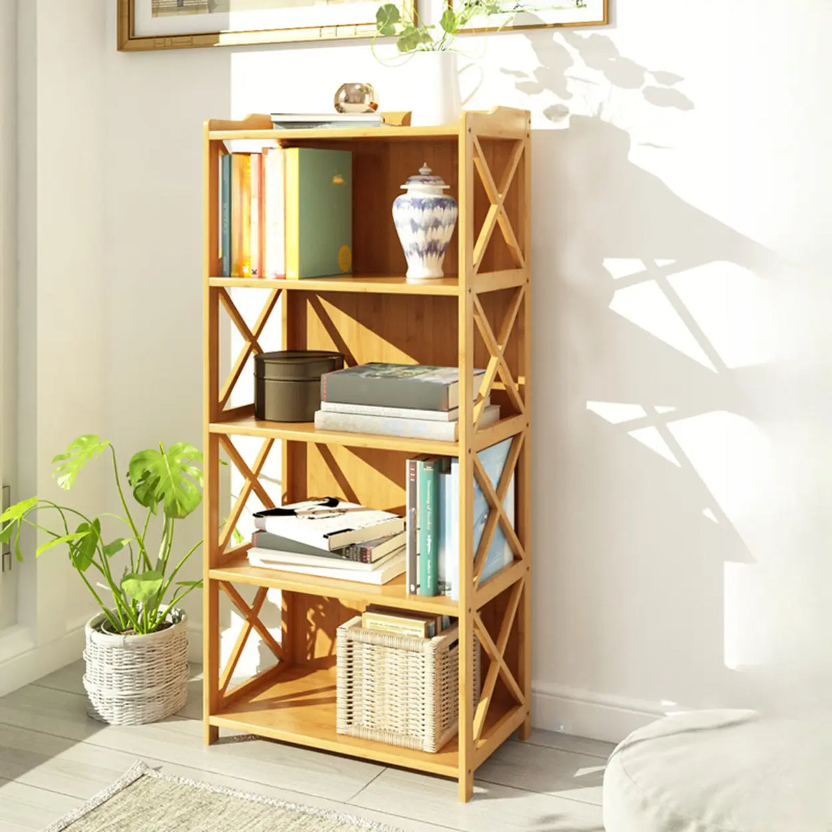 Rustic Vertical Bamboo Rectangle Rack Wood Bookshelf Image - 14