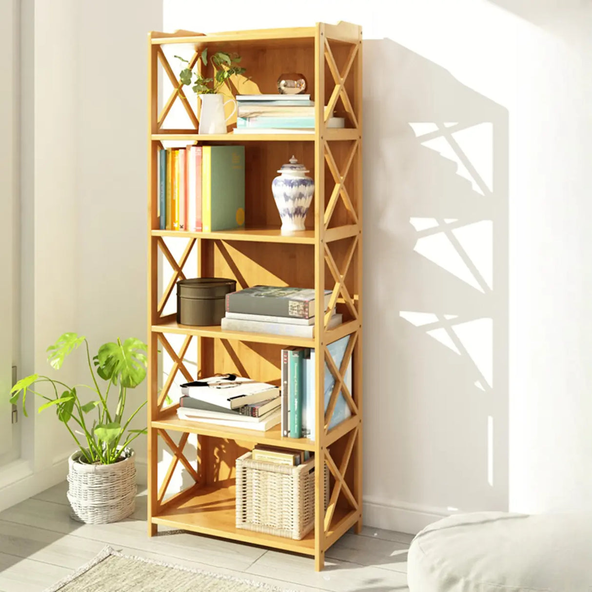 Rustic Vertical Bamboo Rectangle Rack Wood Bookshelf Image - 15