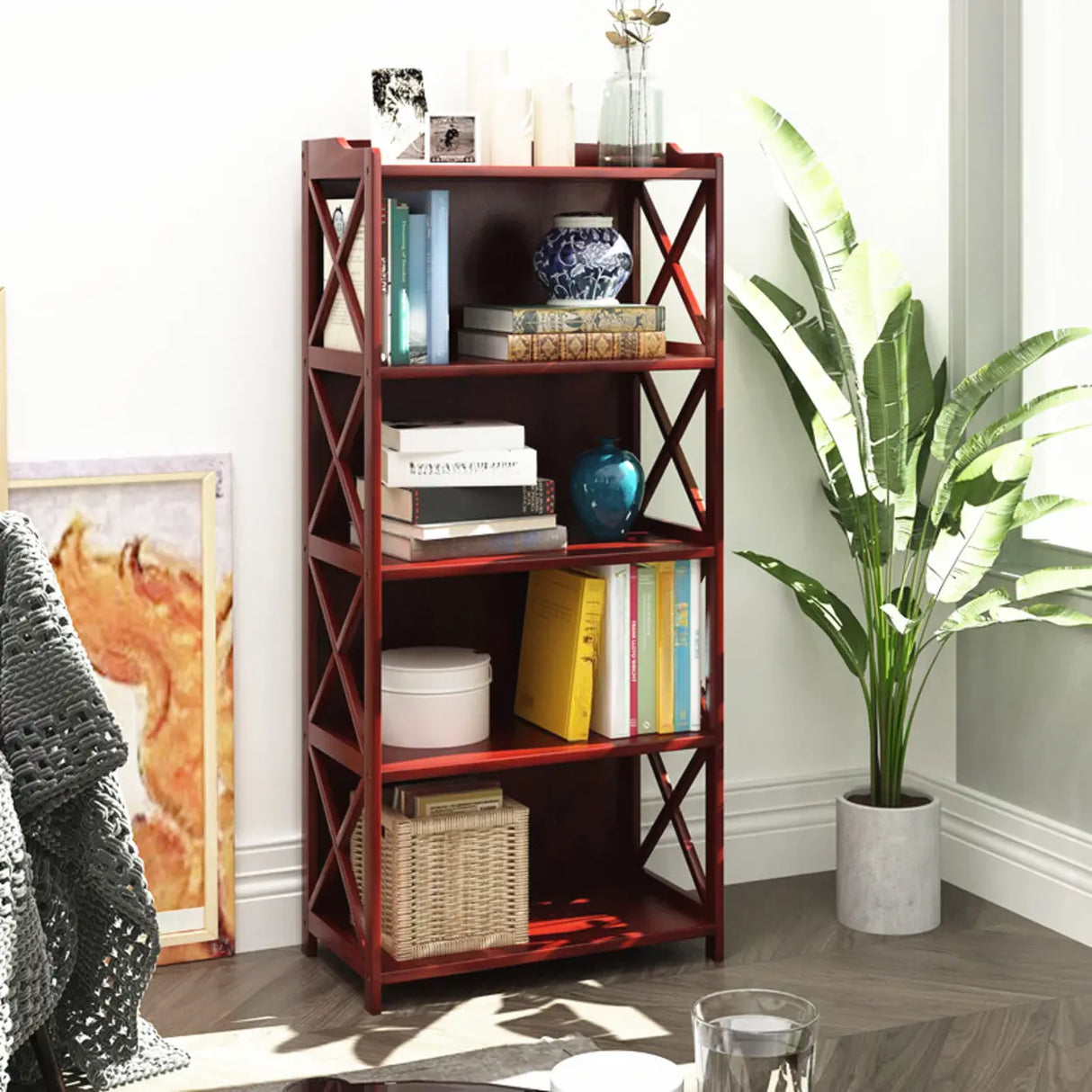 Rustic Vertical Bamboo Rectangle Rack Wood Bookshelf Image - 1