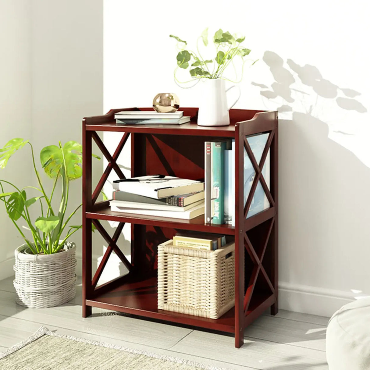 Rustic Vertical Bamboo Rectangle Rack Wood Bookshelf Image - 2