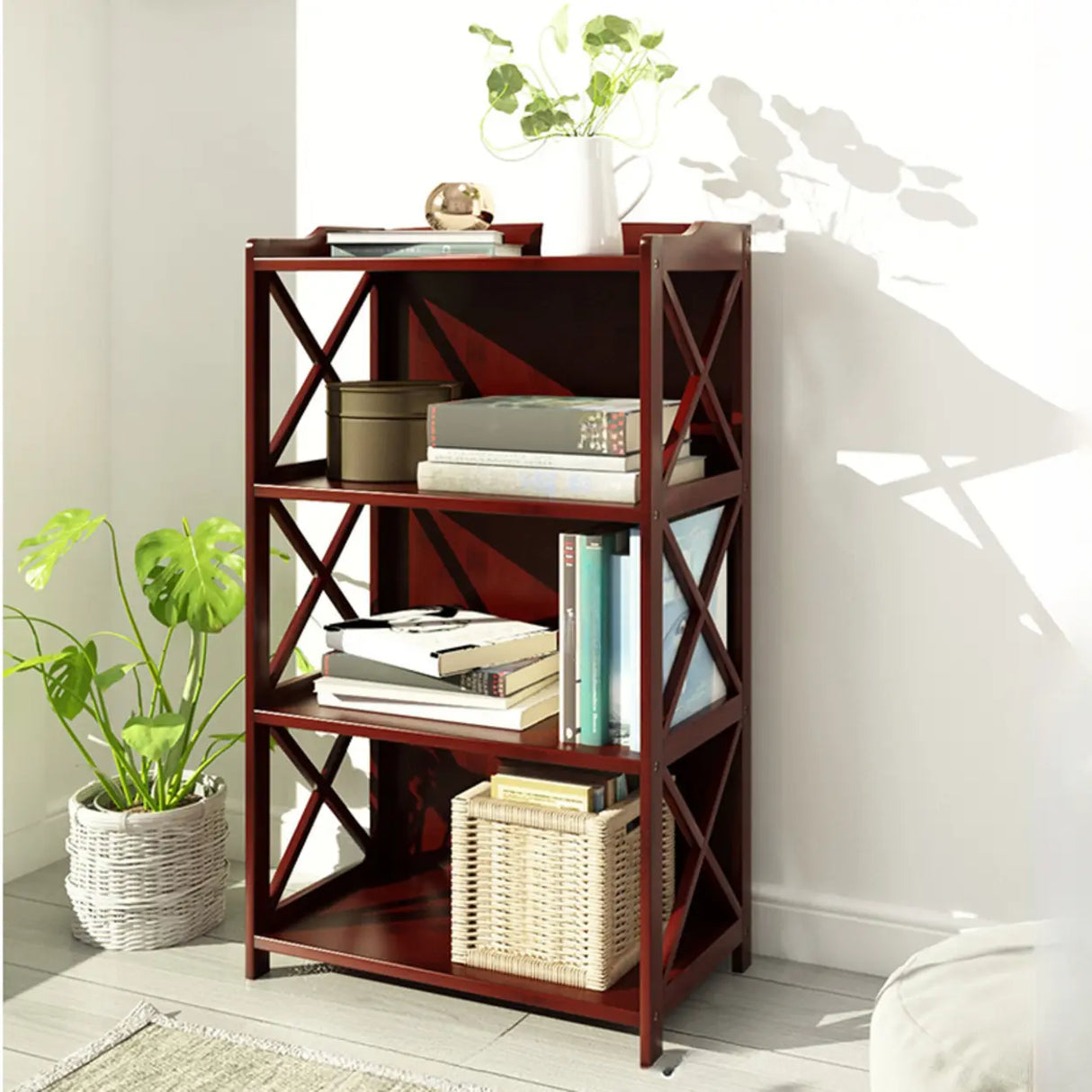 Rustic Vertical Bamboo Rectangle Rack Wood Bookshelf Image - 3