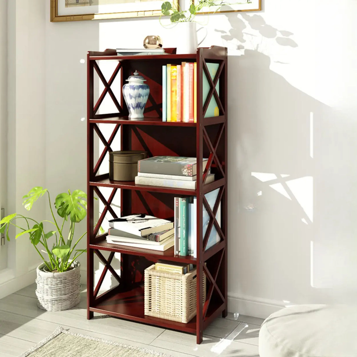 Rustic Vertical Bamboo Rectangle Rack Wood Bookshelf Image - 5
