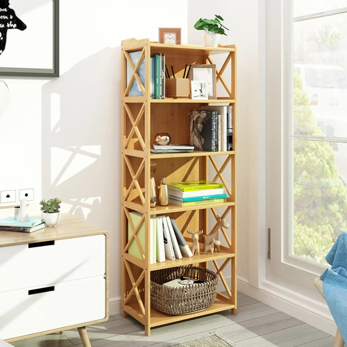 Rustic Vertical Bamboo Rectangle Rack Wood Bookshelf Image - 6