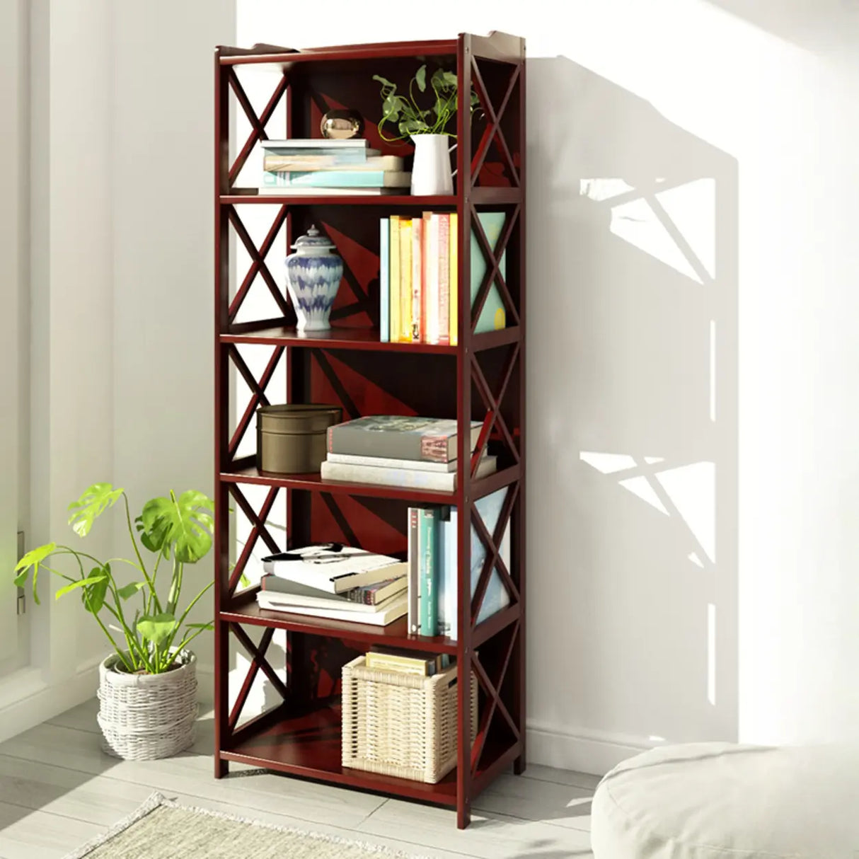 Rustic Vertical Bamboo Rectangle Rack Wood Bookshelf Image - 7