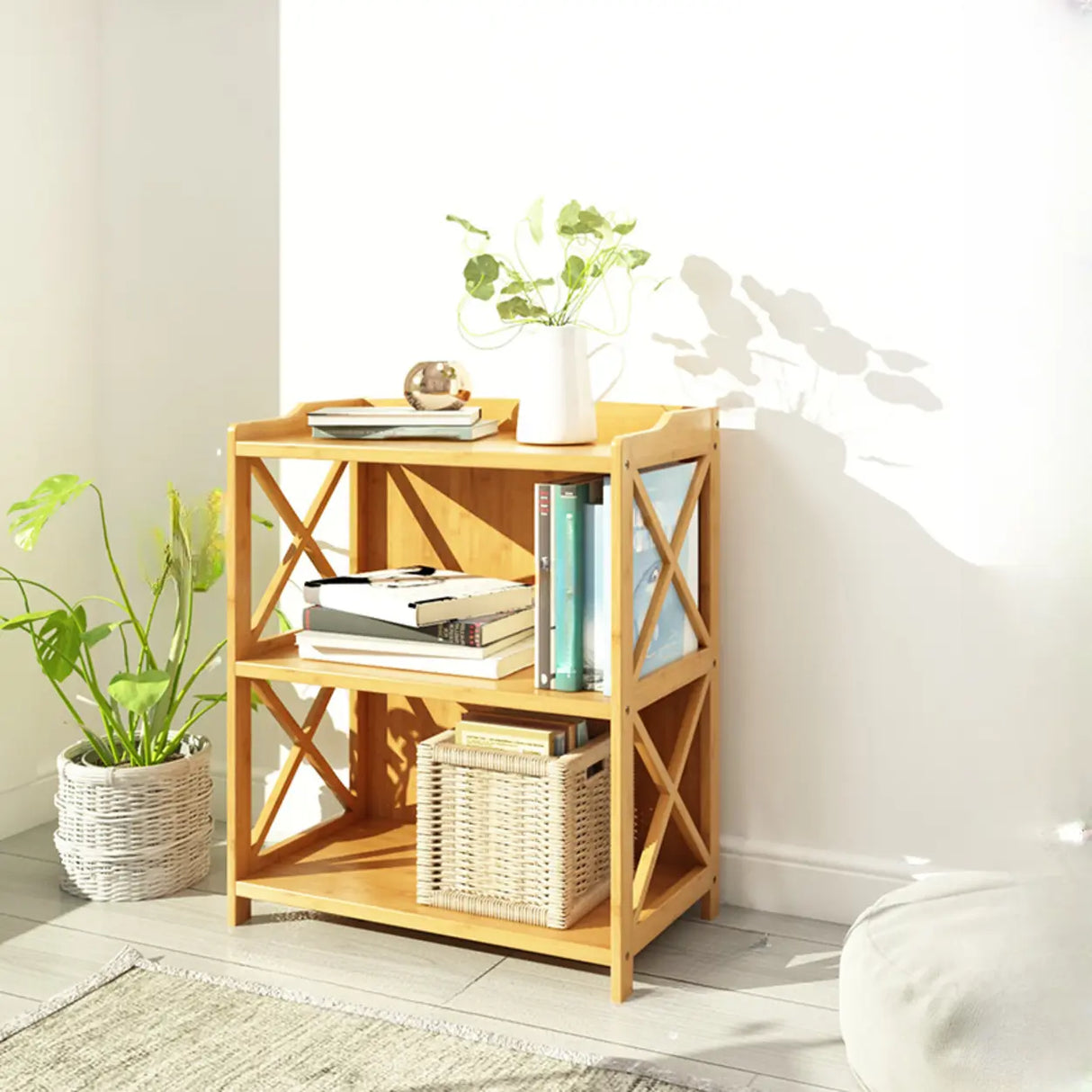 Rustic Vertical Bamboo Rectangle Rack Wood Bookshelf Image - 9