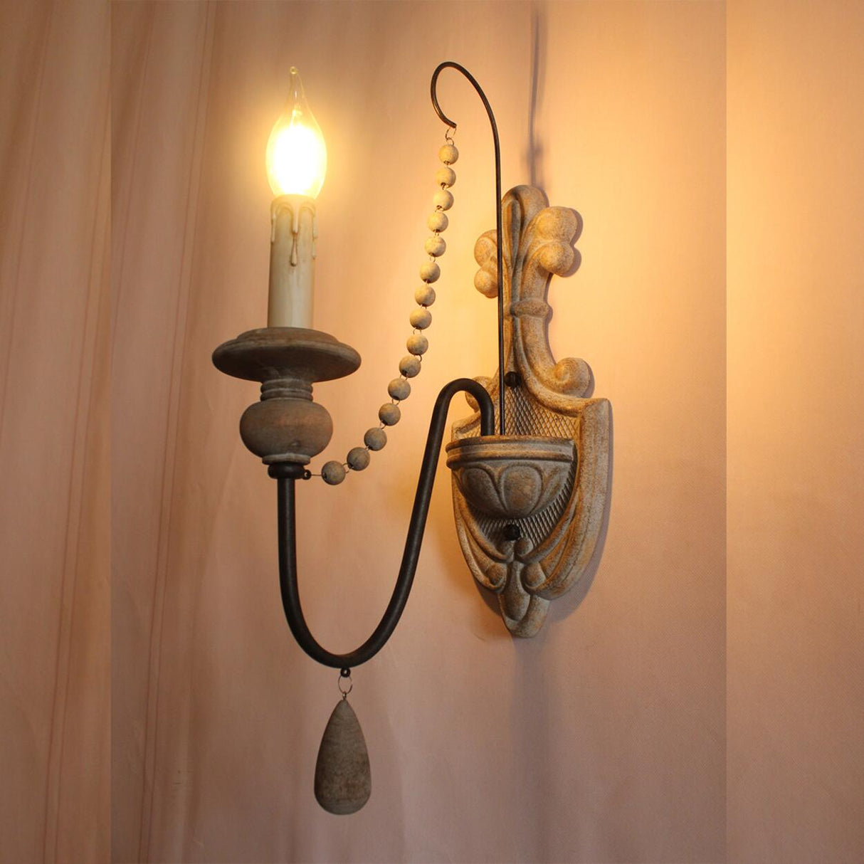 Rustic Vintage Wooden Candle Wall Sconce Light Image - 10