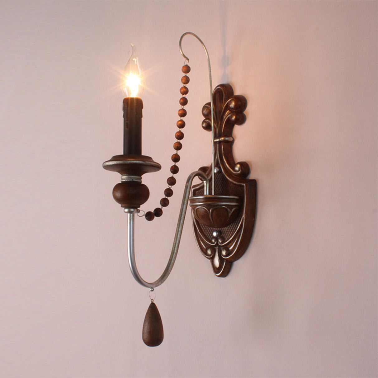 Rustic Vintage Wooden Candle Wall Sconce Light Image - 15