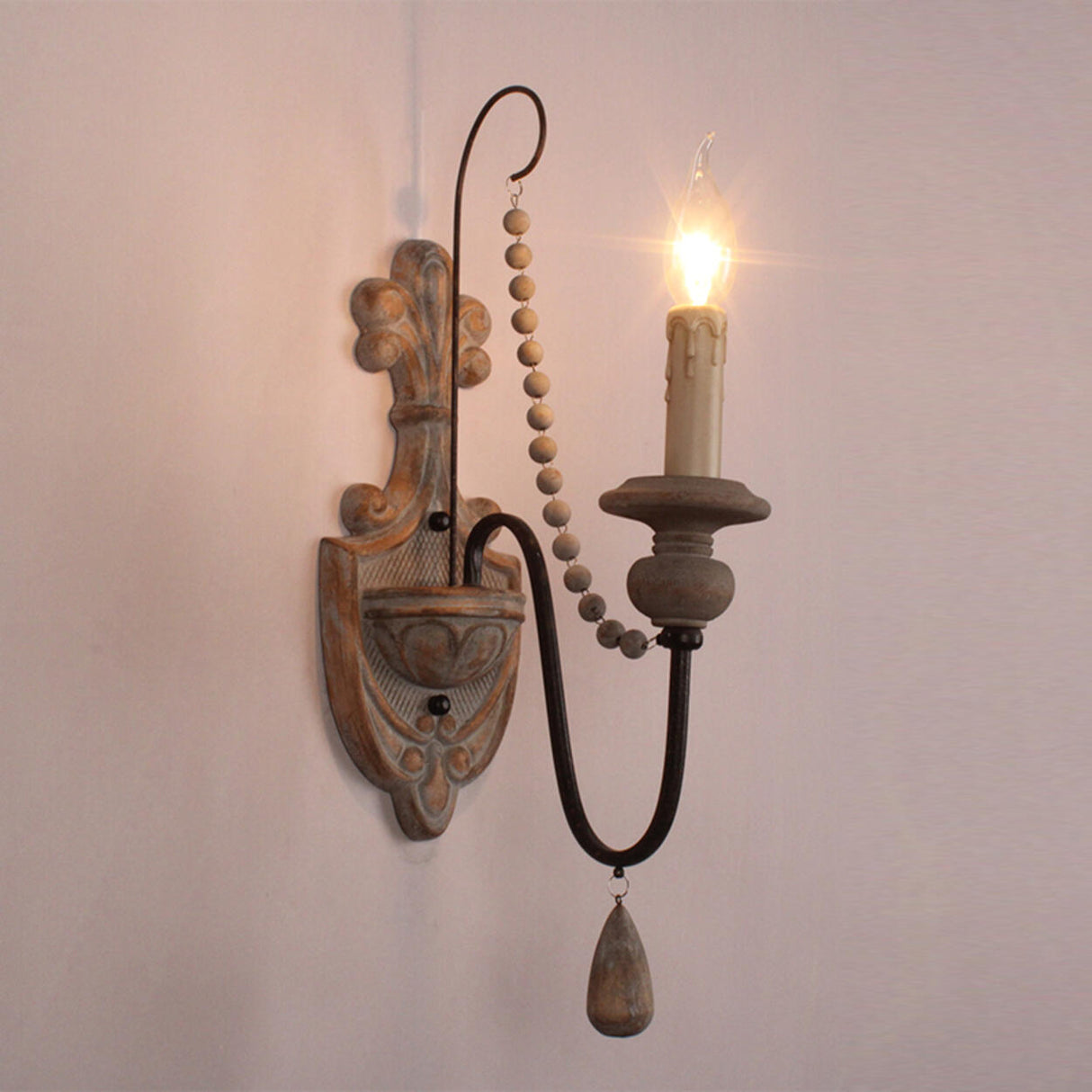 Rustic Vintage Wooden Candle Wall Sconce Light Image - 4