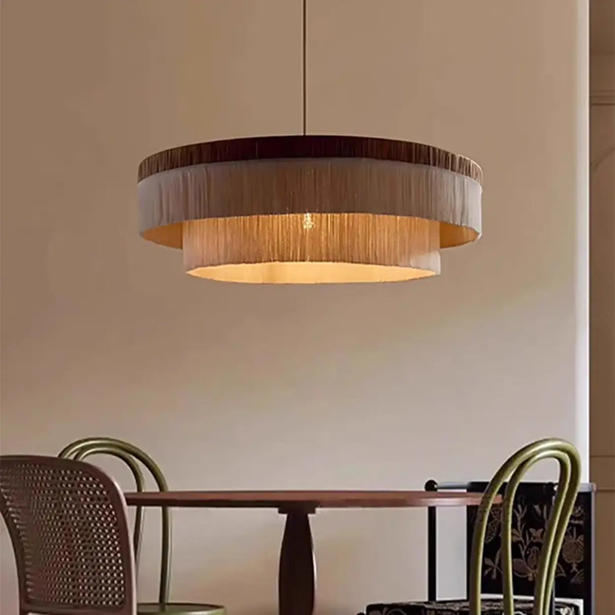 Rustic Wabi-sabi Tiered Fringe Round Adjustable Chandelier Image - 1