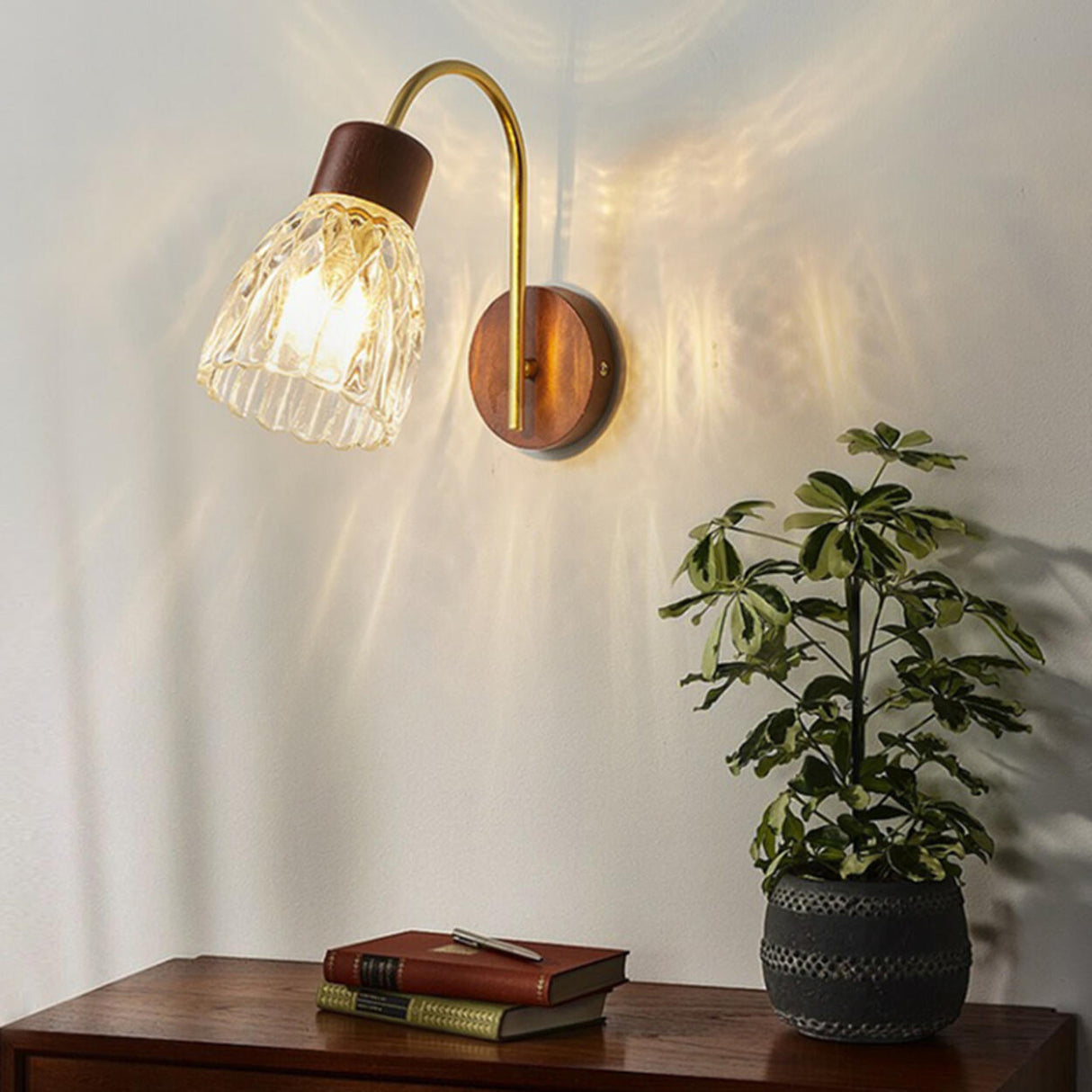 Rustic Walnut Wood Clear Glass LED Wall Sconce Image - 1