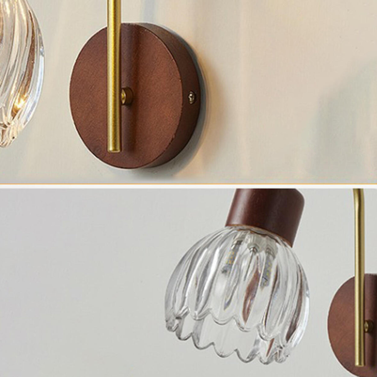 Rustic Walnut Wood Clear Glass LED Wall Sconce Image - 10