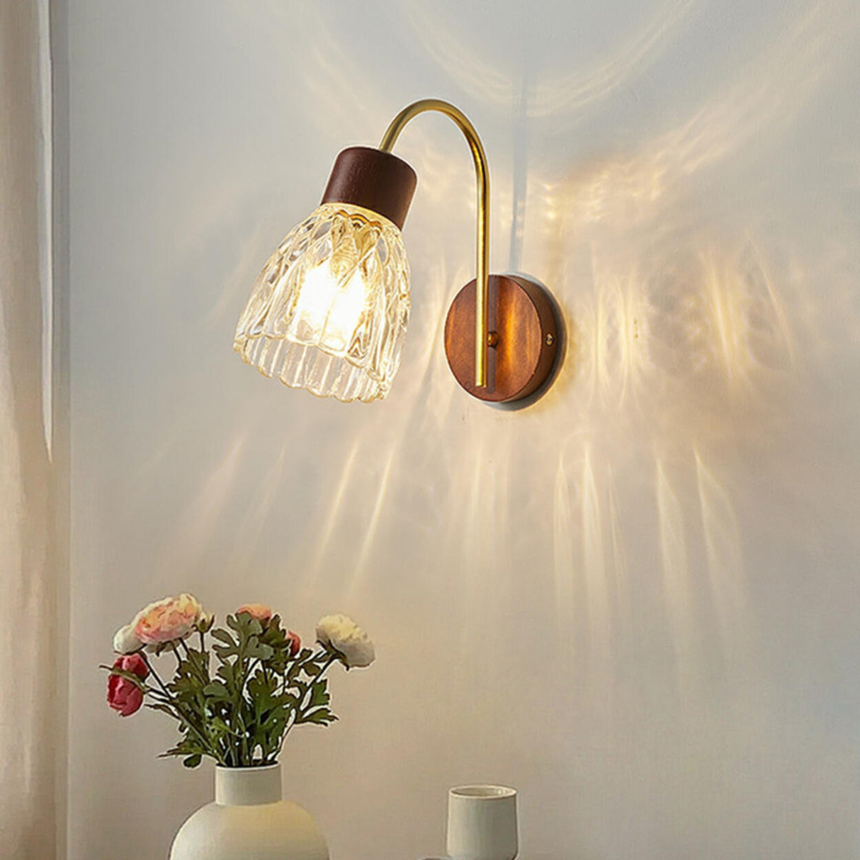 Rustic Walnut Wood Clear Glass LED Wall Sconce Image - 15