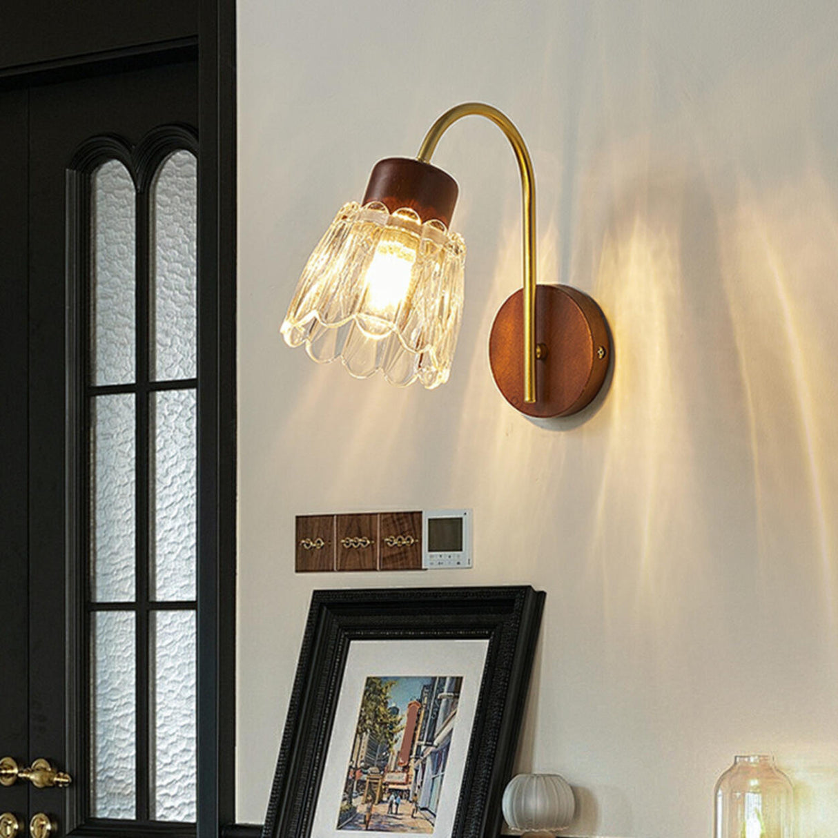 Rustic Walnut Wood Clear Glass LED Wall Sconce Image - 3