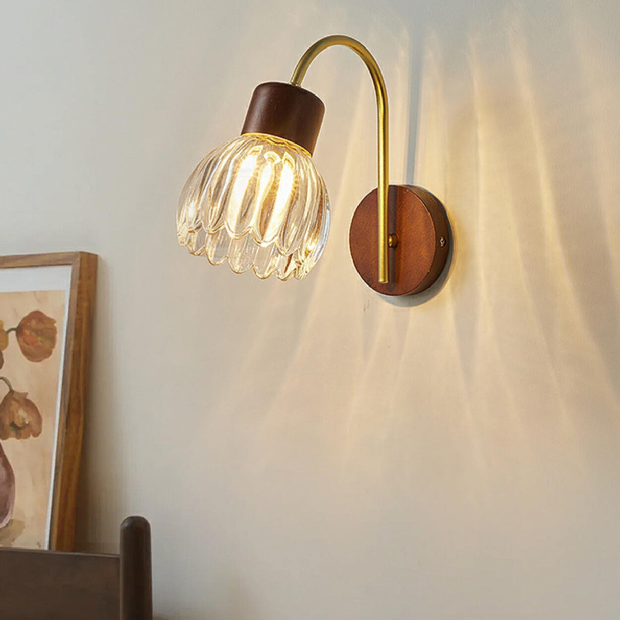 Rustic Walnut Wood Clear Glass LED Wall Sconce Image - 4