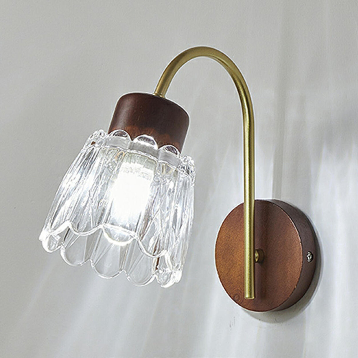 Rustic Walnut Wood Clear Glass LED Wall Sconce Image - 7