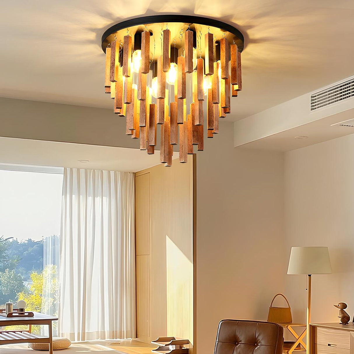 Rustic Walnut Wood Sticks Flush Mount Ceiling Light Image - 4