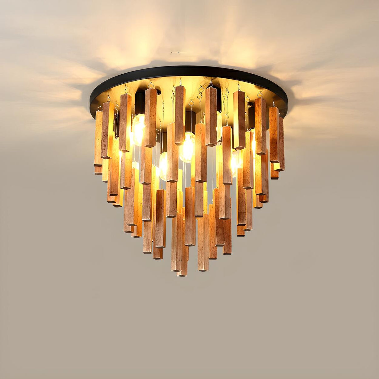 Rustic Walnut Wood Sticks Flush Mount Ceiling Light Image - 5