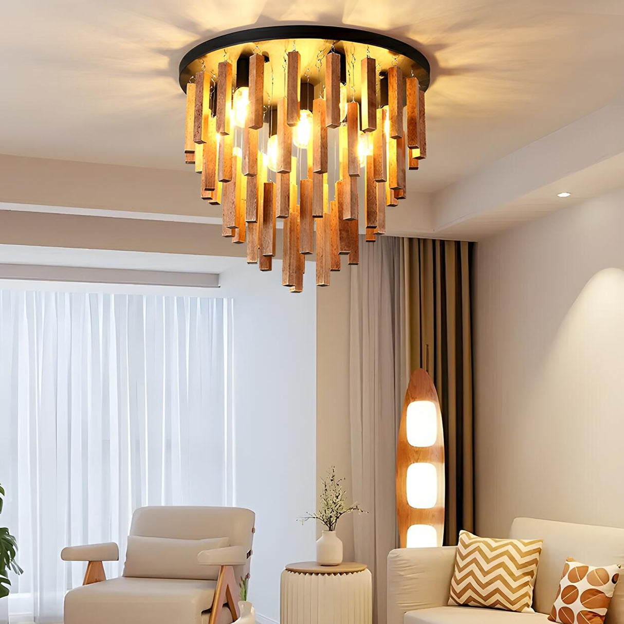 Rustic Walnut Wood Sticks Flush Mount Ceiling Light Image - 6