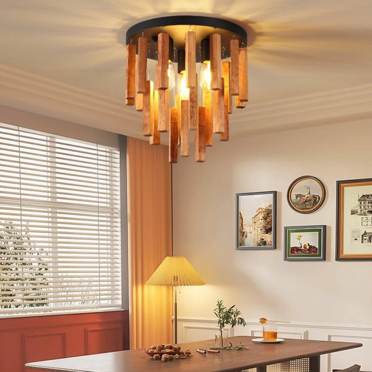 Rustic Walnut Wood Sticks Flush Mount Ceiling Light Image - 7