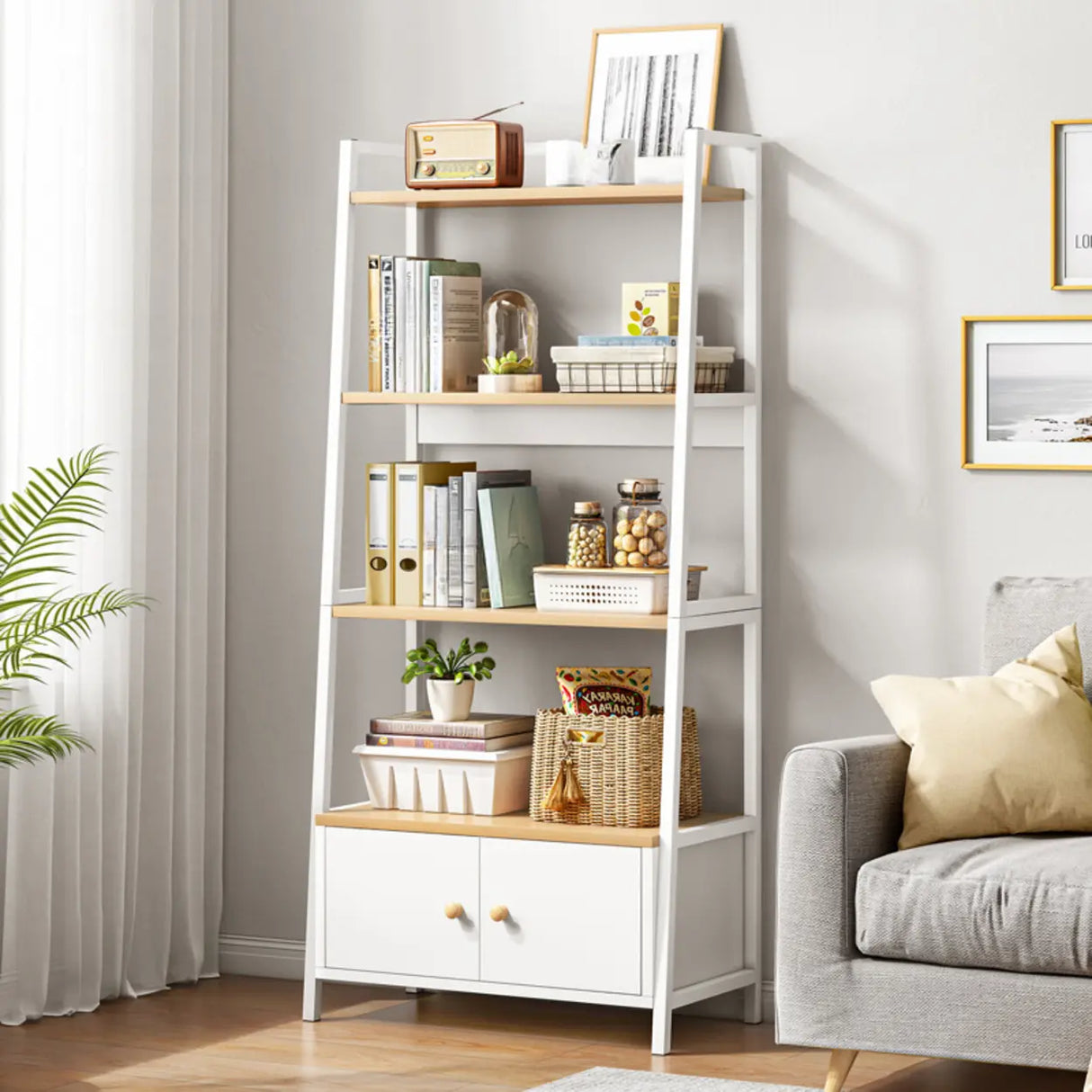 Rustic White 4-Shelf Ladder Open Back Display Bookcase Image - 1