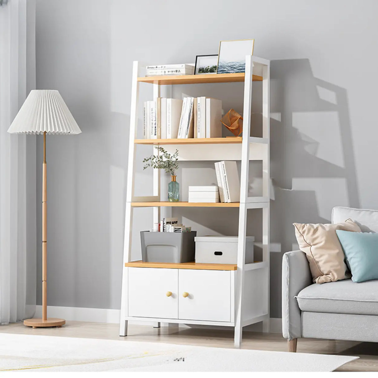 Rustic White 4-Shelf Ladder Open Back Display Bookcase Image - 10