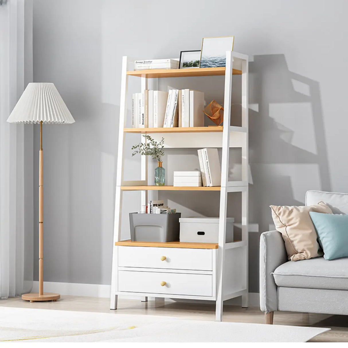 Rustic White 4-Shelf Ladder Open Back Display Bookcase Image - 12