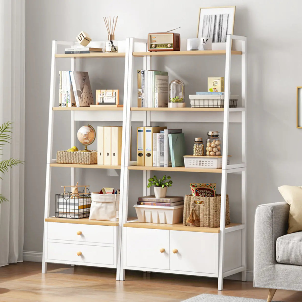 Rustic White 4-Shelf Ladder Open Back Display Bookcase Image - 2