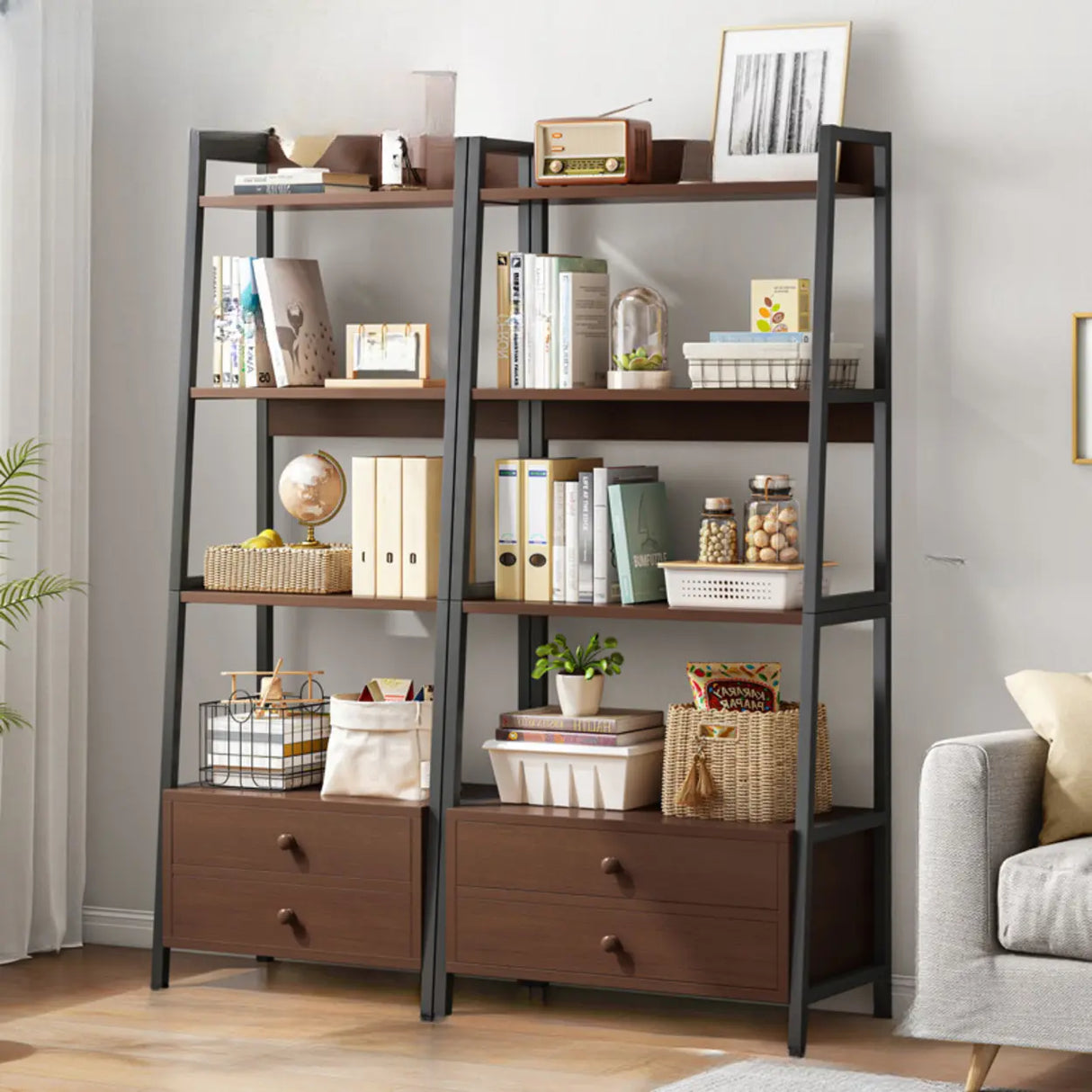 Rustic White 4-Shelf Ladder Open Back Display Bookcase Image - 3